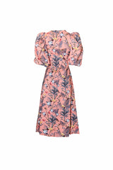 Vista posterior del Carina Dress en estampado Tucanes Palmeras, vestido midi con mangas globo de Concepción Miranda.